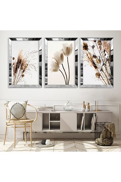 Zevahir Mobilya Dekorasyon Set de masă din MDF triplu argintiu cu flori albe cu cadru din plexiglas cu oglindă argintie