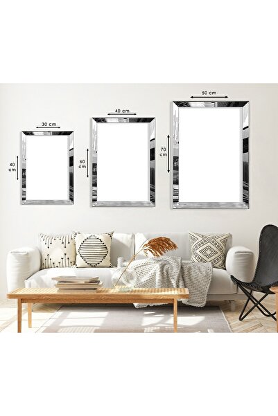 Zevahir Mobilya Dekorasyon Λευκό λουλούδι Ασημένιο Τριπλό Σετ Τραπέζι MDF με Ασημένιο Καθρέφτη Πλεξιγκλάς Πλαίσιο