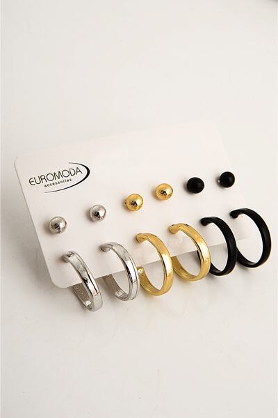 EUROMODA Gümüş Altın Siyah Renkleri Halka Ve Top Küpe Seti