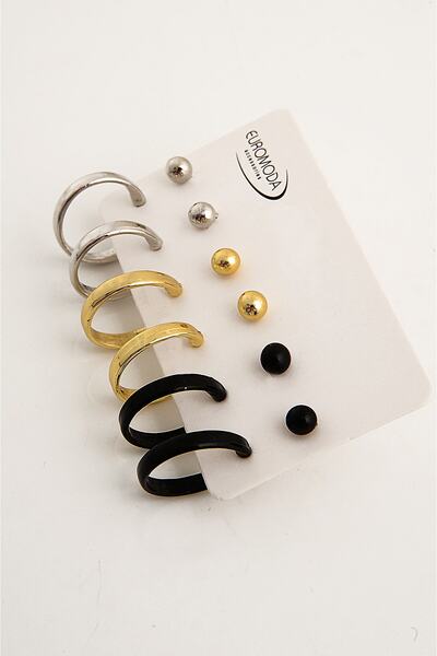 EUROMODA Gümüş Altın Siyah Renkleri Halka Ve Top Küpe Seti