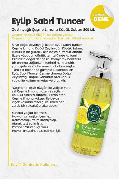 Eyüp Sabri Tuncer Fountain Lemon Foam Soap with Olive Oil 500 Ml