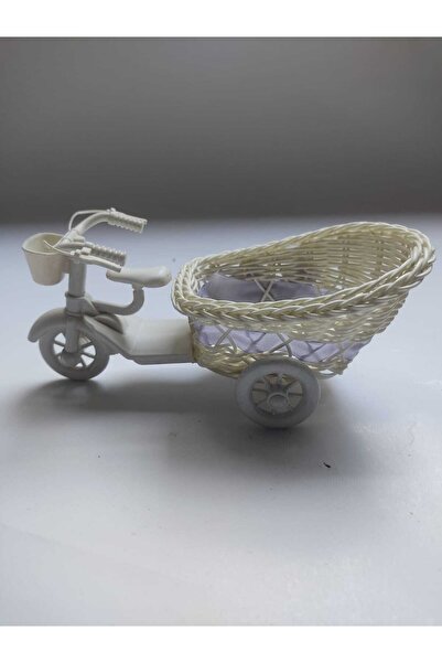 abnturk Mini Beyaz 3 Tekerlekli Bisikletli Sepet Dekor