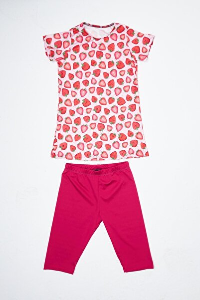 Starinci Mayo Kız Çocuk Yarı Kapalı Tesettür Mayo Pembe Çilek Desenli