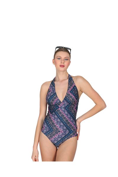 Dilay Halter Neck Swimsuit Patterned Navy Blue