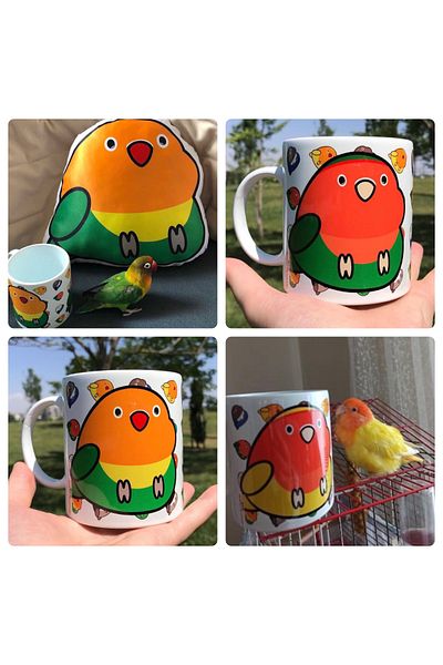 Kuşarkadaşım Gray Love & Parrot Patterned Bird Mug Gift