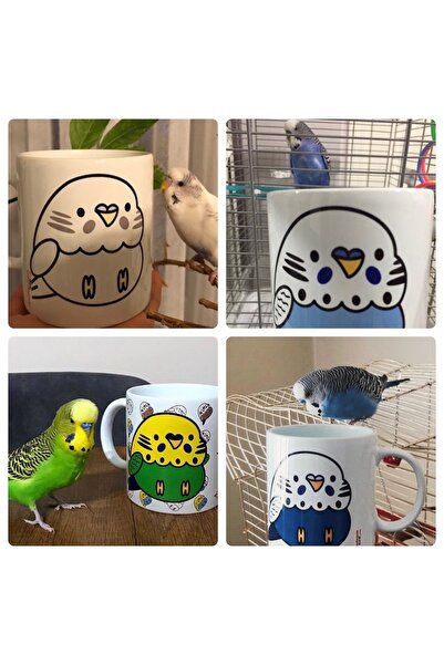 Kuşarkadaşım Gray Love & Parrot Patterned Bird Mug Gift
