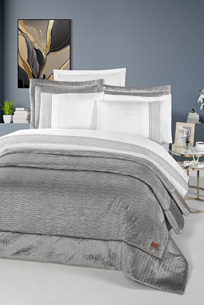 PASIONI - Velvet - Reale - Velvet Gri Çift Kişilik Çeyiz Seti