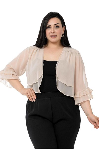 DISENTIS MODEST Plus Size Chiffon Beige Bolero with Double Layer Front Sleeve and Ruffle Back