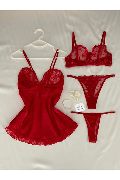 MH Moony Homewears 4-Piece Love Passion Satin Nightdress Lingerie Set