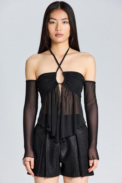 boutiquen 2650 Tulle Detailed Halter Neck Black Blouse