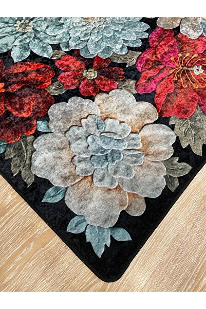 Brillant Çiçek Desenli Dekoratif Yıkanabilir Halı - Siyah