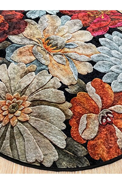 Brillant Çiçek Desenli Dekoratif Yıkanabilir Yuvarlak Halı - Siyah