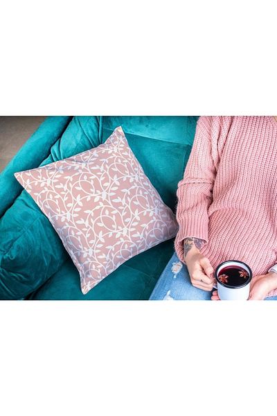 NT Handmade 42x42cm Cotton Woven Throw Pillow Pillow Case with Cream Branch Printed on Pink Background