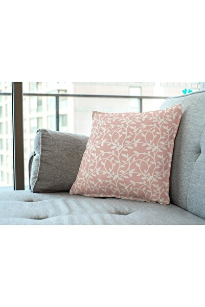 NT Handmade 42x42cm Cotton Woven Throw Pillow Pillow Case with Cream Branch Printed on Pink Background