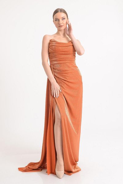 SpringStore Rochie de seară cu fante cu sclipici portocaliu fără bretele