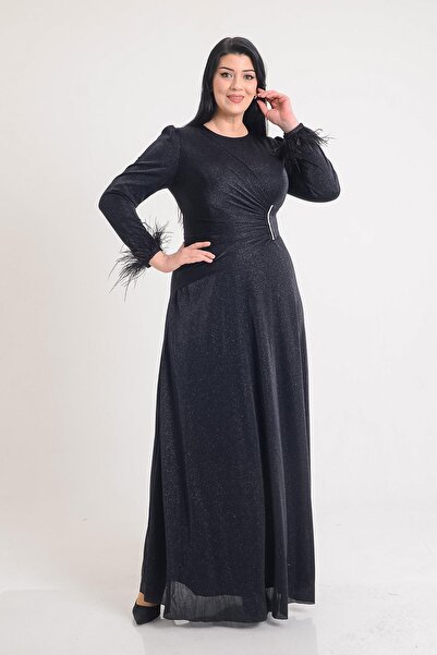 SpringStore Siyah Kol Ucu Otrişli Simli Büyük Beden Abiye