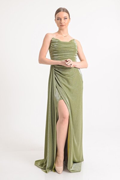 SpringStore Haki Straplez Simli Yırtmaçlı Abiye Elbise