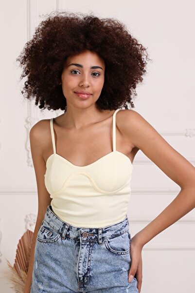 ESPOİRPLUS Γυναικείο Crop ανοιχτό κίτρινο μπροστινό λουράκι μανίκι