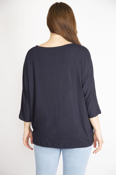 Şans Marineblaue, große Damenbluse mit Capri-Ärmeln und Rundhalsausschnitt 65n36315