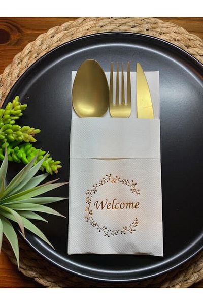 kidspartim Gold Gilded White Welcome Pocket Napkin 12 Pcs 40x40