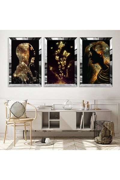 Zevahir Mobilya Dekorasyon Set de pictură din MDF triplu argintiu cu cadru din plexiglas cu oglindă argintie, desen modern, femeie aurie și fluture