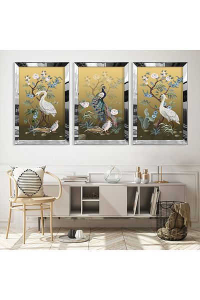 Zevahir Mobilya Dekorasyon Set de pictură din MDF triplu cu model abstract triplu păun cu cadru din plexiglas cu oglindă argintie