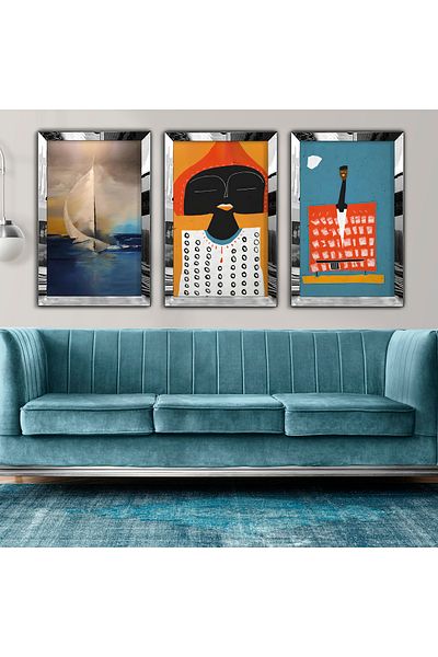 Zevahir Mobilya Dekorasyon Silver Mirrored Plexiglass Framed Collage Drawing Triple Mdf Painting Set