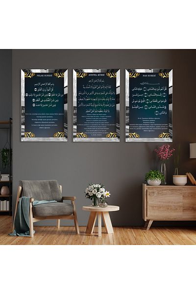 Zevahir Mobilya Dekorasyon Set de picturi din MDF triplu religios Felak Nas și Ayetel Kürsi cu cadru din plexiglas cu oglindă argintie