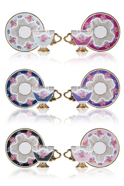 ACAR Naomi Set of 6 Turkish Coffee Cups - Porcelain Coffee Cup - Set of 6 Floral Cups