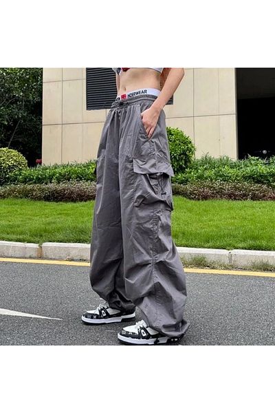 Gofeel Smoked Tactical Baggy Oversize Loose Fit Trousers with Cargo Pockets