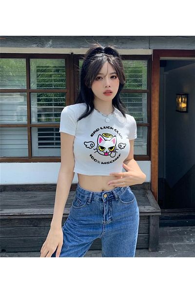 Touz Bad Luck Club Printed White Crop