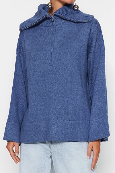 Trendyol Collection Pulover de tricotaj albastru cu textura moale - cu fermoar TWOAW23KZ00236