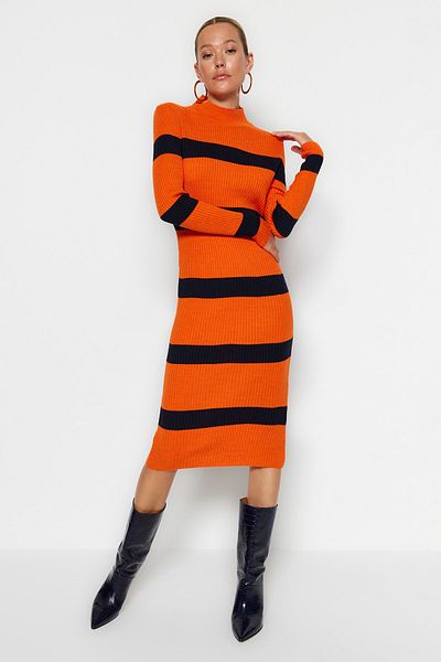Trendyol Collection Orange Striped Midi Knitwear Dress - Twoaw23El00226