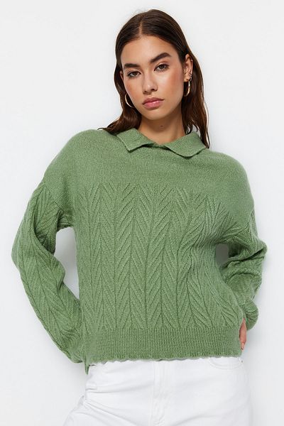 Trendyol Collection Mintfarbener, weiter Strickpullover mit weicher Struktur und geflochtenem Haar TWOAW22KZ1620