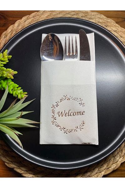 kidspartim Silver Gilded White Welcome Pocket Napkin 12 Pcs 40x40
