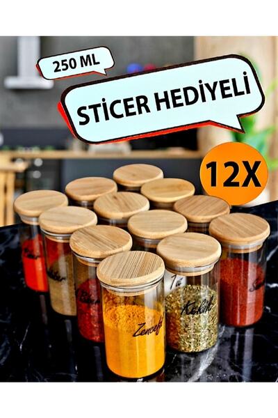 Pembelia Life 12 Packs of 250ml Borosilicate Glass Spice Jars with Bamboo Lids and 30 Water-Resistant Labels