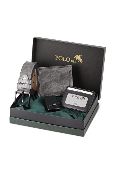 Polo Air Kutulu Erkek Spor Çakmak Kemer Cüzdan Kartlık Seti Gri