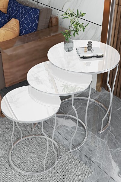 Puklife Rüya 3lü Zigon Sehpa Gümüş Renk Metal Ayak, Beyaz Temperli Cam