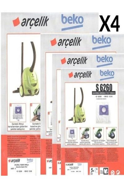 Arçelik ETICARETARENA - 4 عبوات 20 قطعة Arçelik S 6260 مكنسة كهربائية موديل كيس غبار S 6260