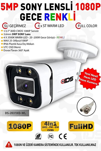 IDS - Gece Renkli - 5mp Lens 1080p Fullhd Ahd Güvenlik Kamerası - 4xultra Warm Led 3 Adet
