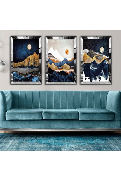 Zevahir Mobilya Dekorasyon Silver Mirrored Plexiglass Framed Collage Drawing Triple Mdf Painting Set