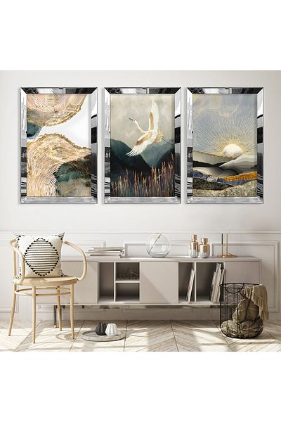 Zevahir Mobilya Dekorasyon Silver Mirrored Plexiglass Framed Collage Drawing Triple Mdf Painting Set