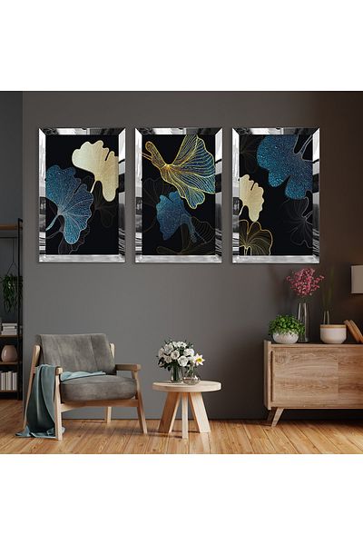 Zevahir Mobilya Dekorasyon Set de pictură din MDF cu model abstract, flori, argintiu, margine din plexiglas