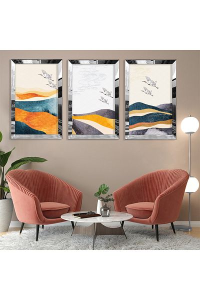 Zevahir Mobilya Dekorasyon Set de pictură din MDF triplu abstract cu model de păsări itinerante cu cadru din plexiglas cu oglindă argintie