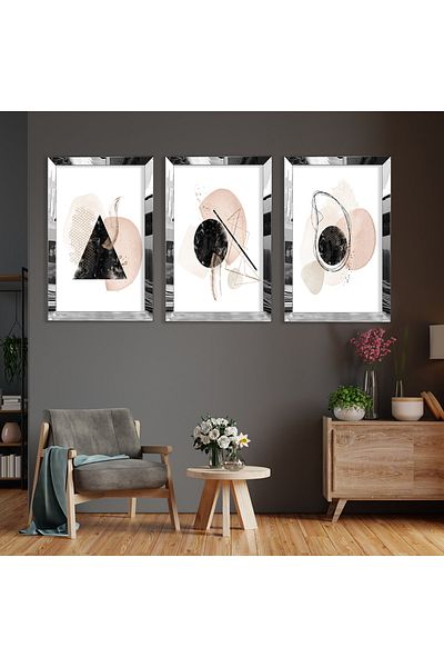 Zevahir Mobilya Dekorasyon Set de pictură din MDF triplu cu forme abstracte modelate cu cadru din plexiglas cu oglindă argintie