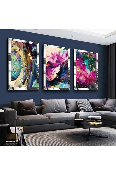Zevahir Mobilya Dekorasyon Set de masă triplu MDF argintiu modern colorat cu cadru din plexiglas cu oglindă argintie