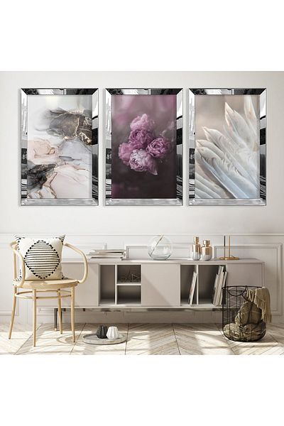 Zevahir Mobilya Dekorasyon Silver Mirrored Plexiglass Framed Collage Drawing Triple Mdf Painting Set