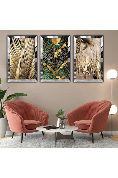 Zevahir Mobilya Dekorasyon Silver Mirrored Plexiglass Framed Collage Drawing Triple Mdf Painting Set