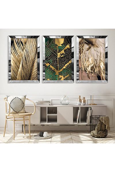 Zevahir Mobilya Dekorasyon Silver Mirrored Plexiglass Framed Collage Drawing Triple Mdf Painting Set