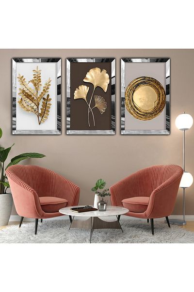 Zevahir Mobilya Dekorasyon Silver Mirrored Plexiglass Framed Collage Drawing Triple Mdf Painting Set